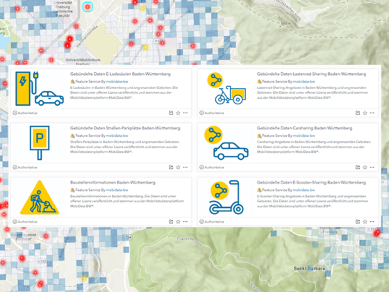 Eine Karte im Hintergrund mit einem Screenshot von Feature Services im ArcGIS Living Atlas
