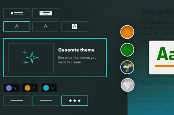 Benutzeroberfläche des StoryMaps Theme Assistant zur automatischen Erstellung eines Designs. Verschiedene Optionen für Layout, Typografie und Farben werden angezeigt, während eine KI-generierte Designvorlage („Generate theme“) mit anpassbaren Farbpaletten und Stilelementen erstellt wird.