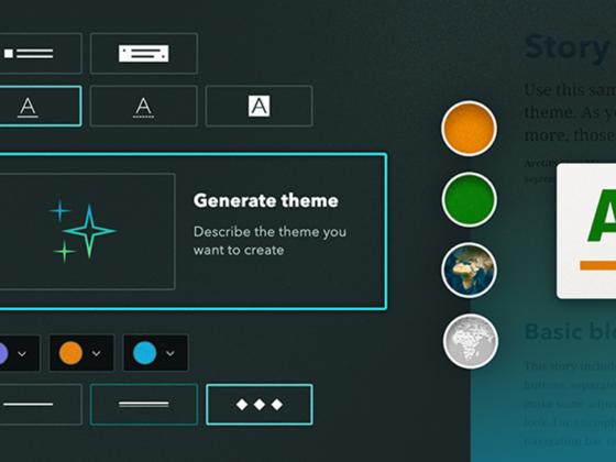 Benutzeroberfläche des StoryMaps Theme Assistant zur automatischen Erstellung eines Designs. Verschiedene Optionen für Layout, Typografie und Farben werden angezeigt, während eine KI-generierte Designvorlage („Generate theme“) mit anpassbaren Farbpaletten und Stilelementen erstellt wird.